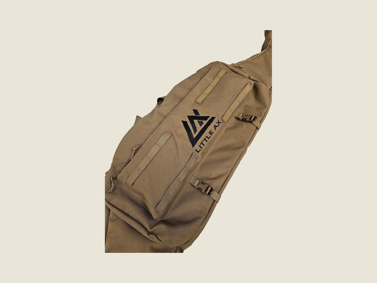 R2MP bow case coyote brown, angled view with logo