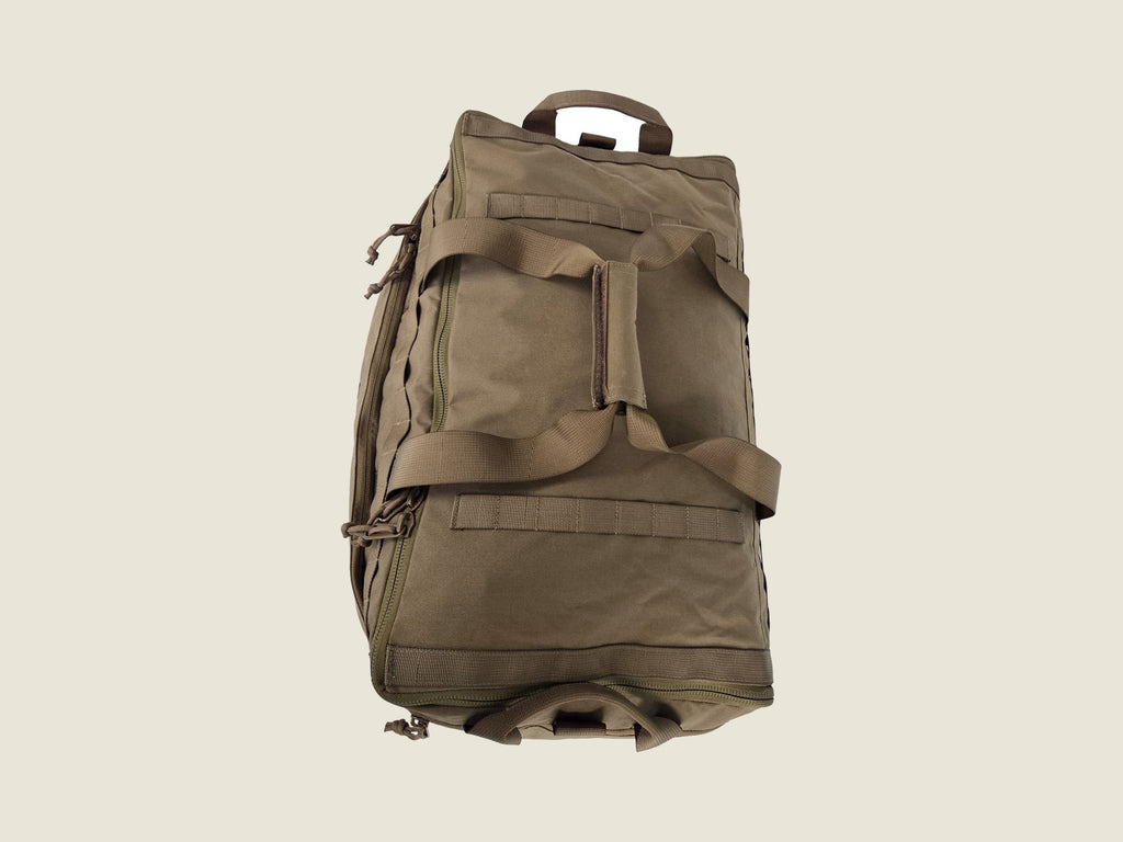 LT1 duffle bag, upright with backpack straps stowed