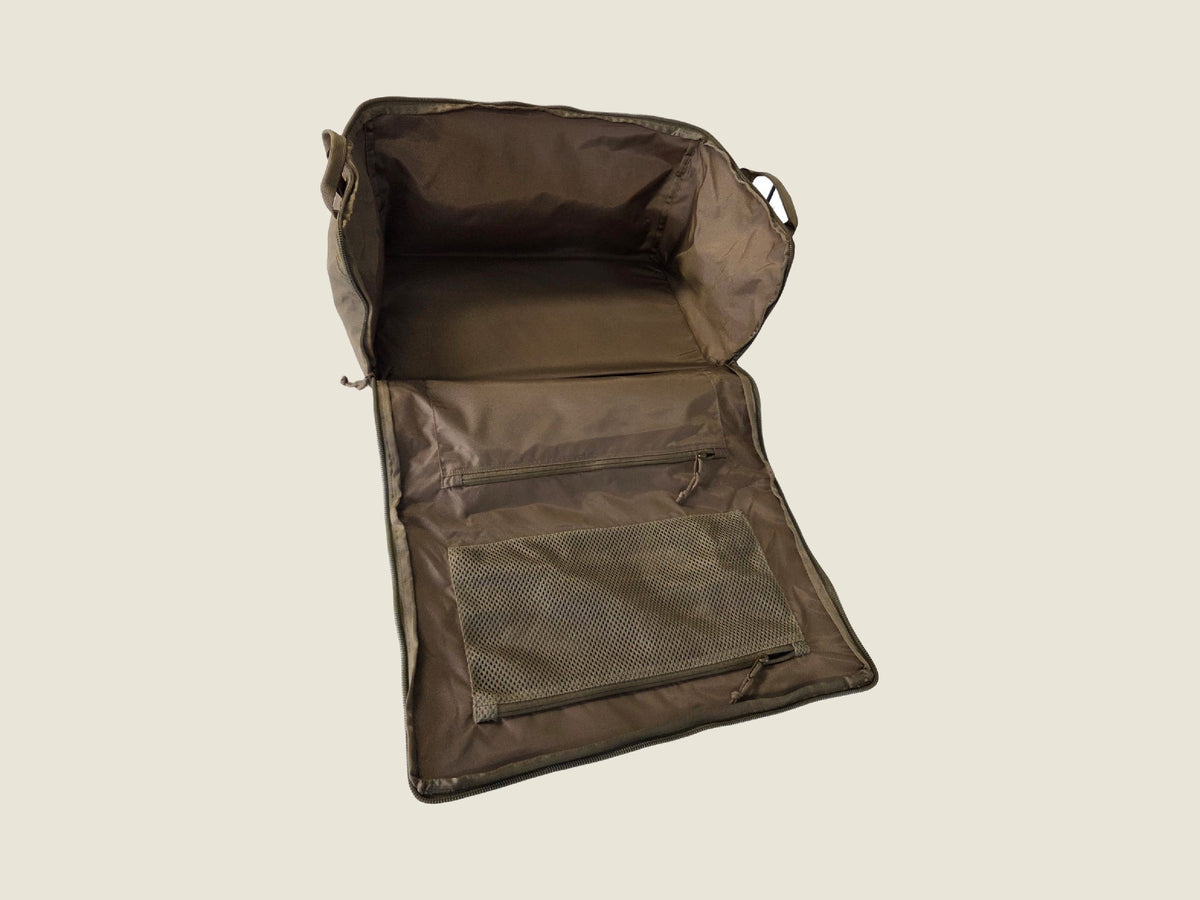 LT1 duffle bag, lid open flat with mesh pocket