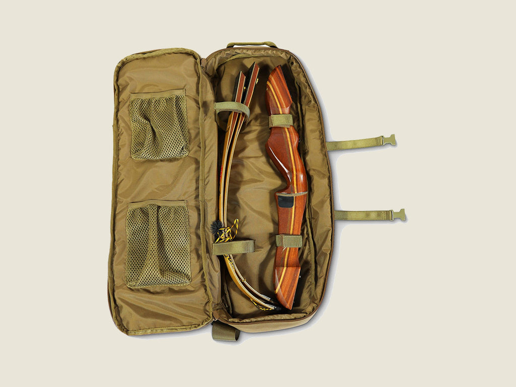 R2C compact bow case, open with a takedown recurve bow inside
