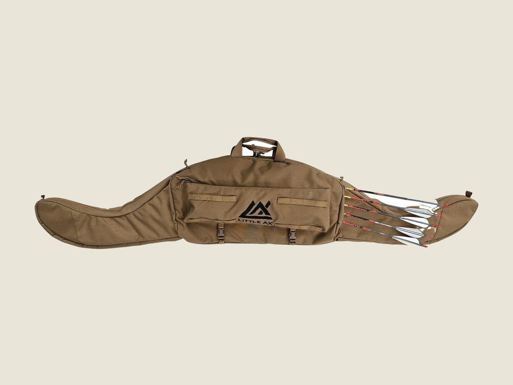 R2MP bow case coyote brown, full length with arrows loaded