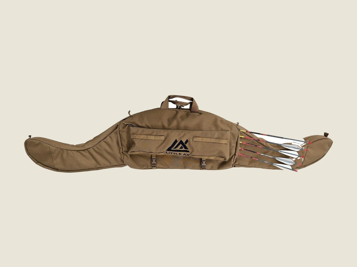 R2MP bow case coyote brown, full length with arrows loaded
