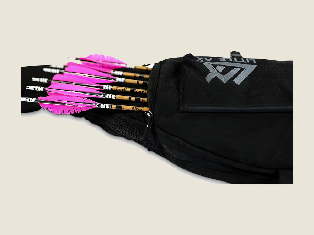 R2 bow case black, arrows loaded in the arrow gusset